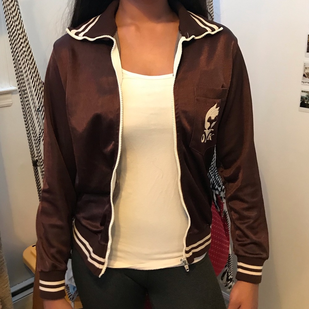 brown varsity y2k zip up jacket shiny cute soccer